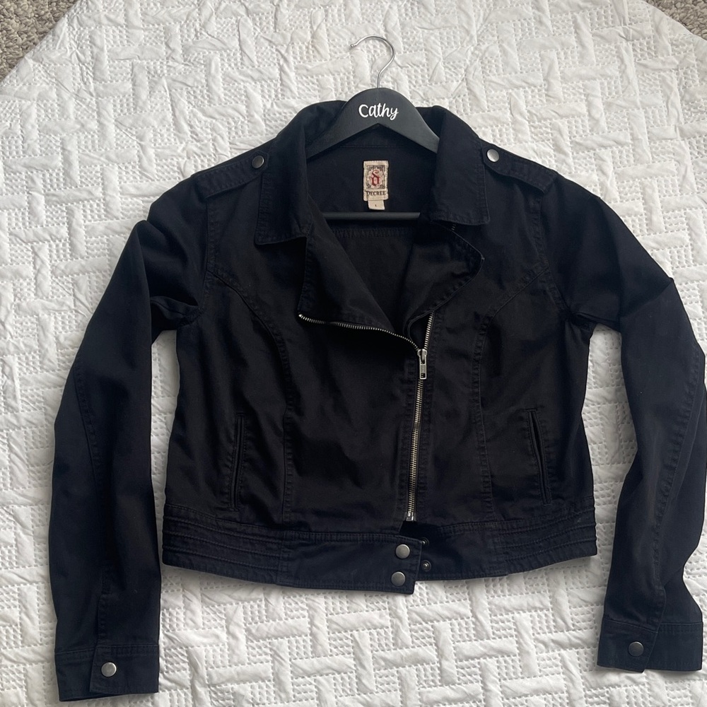 Decree Black Cropped Moto-Style Jean Jacket